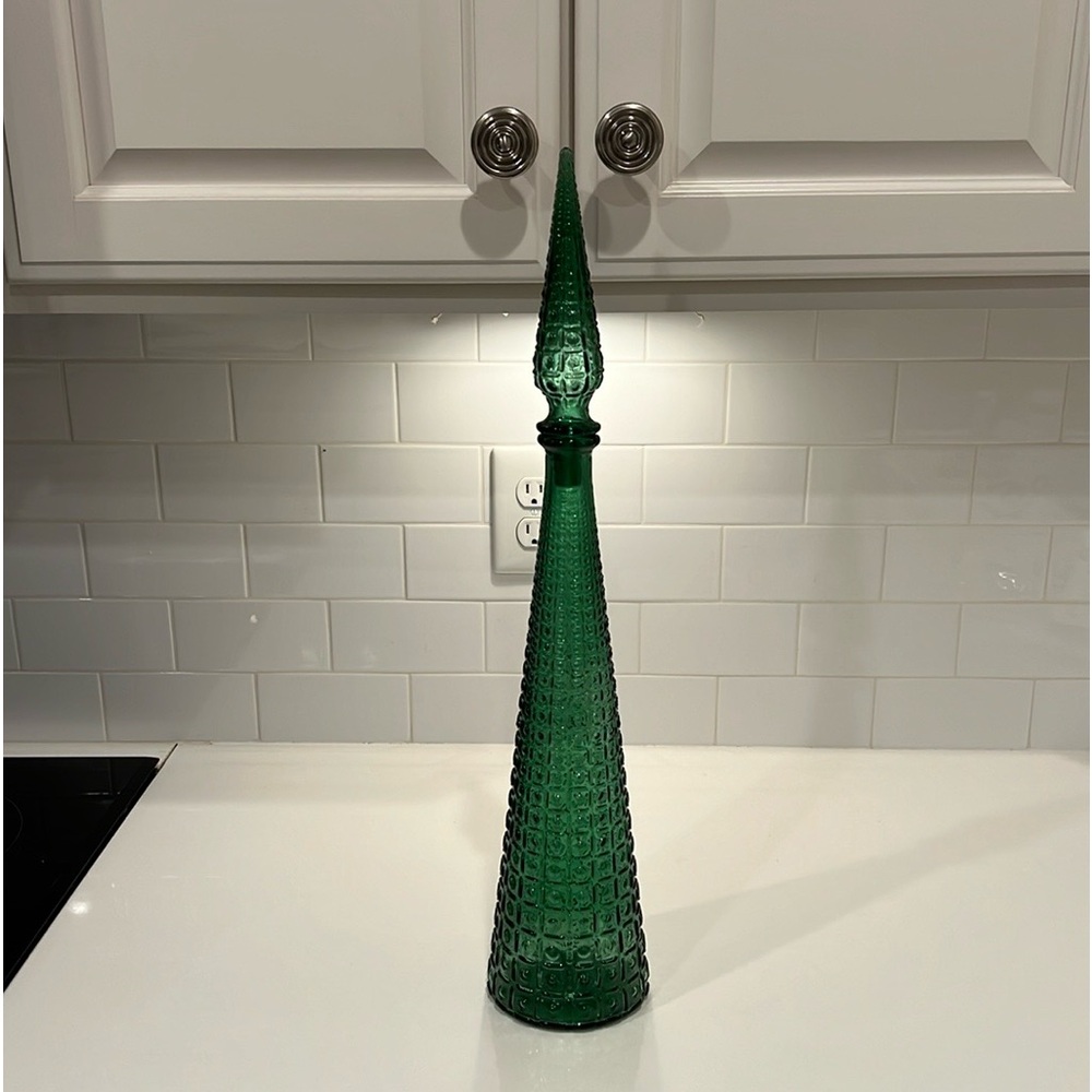 AMAZING! Vintage MCM Empoli Italian Green Aztec Genie Bottle Decanter 22"